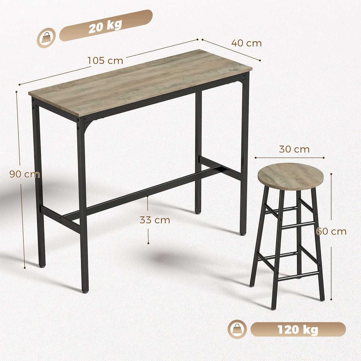 5 Piece Bar Set, Industrial Kitchen and Chair Set Grey Wood Effect