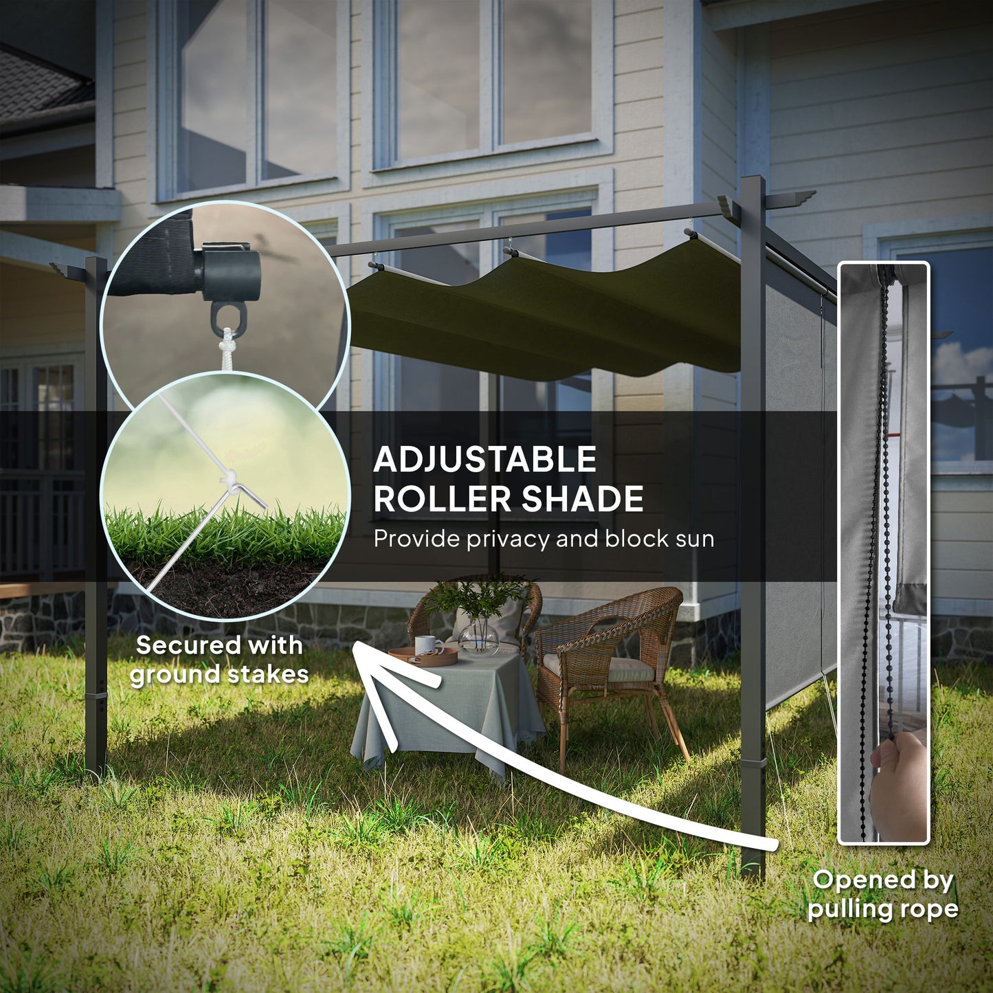 3 x 4m Metal Pergola with Retractable Roof and Roller Shade, Grey