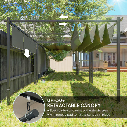 3 x 4m Metal Pergola with Retractable Roof and Roller Shade, Grey