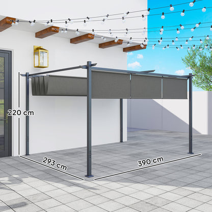 3 x 4m Metal Pergola with Retractable Roof and Roller Shade, Grey