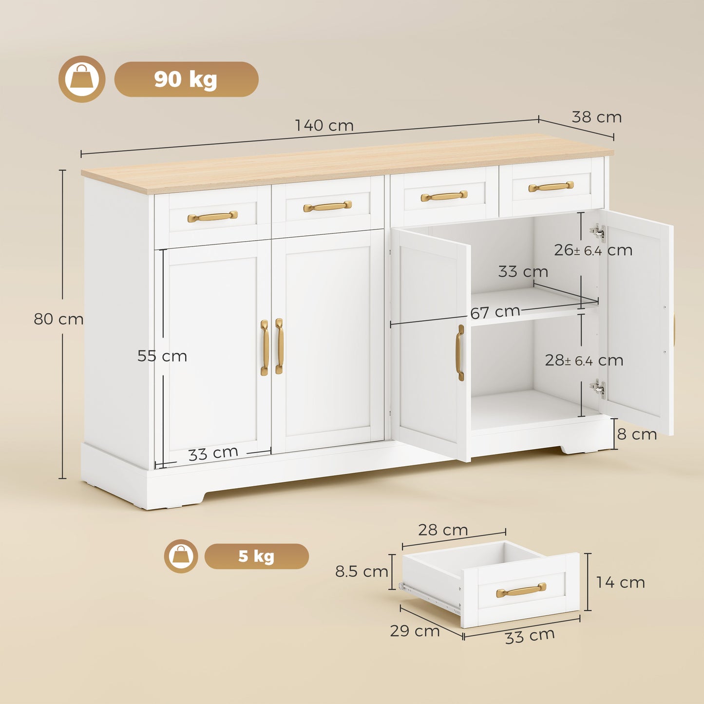 Sideboard with 4 Drawers, 4 Doors and 2 Adjustable Shelves, White
