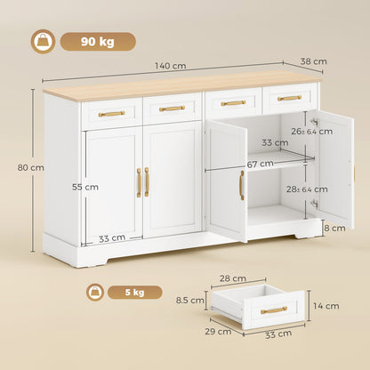 Sideboard with 4 Drawers, 4 Doors and 2 Adjustable Shelves, White