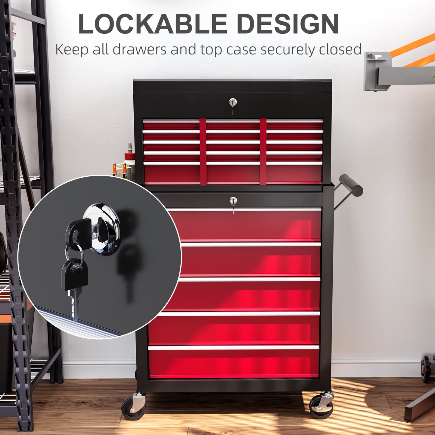 Rolling Tool Chest Lockable Roller Cabinet with with 14 Drawers Red
