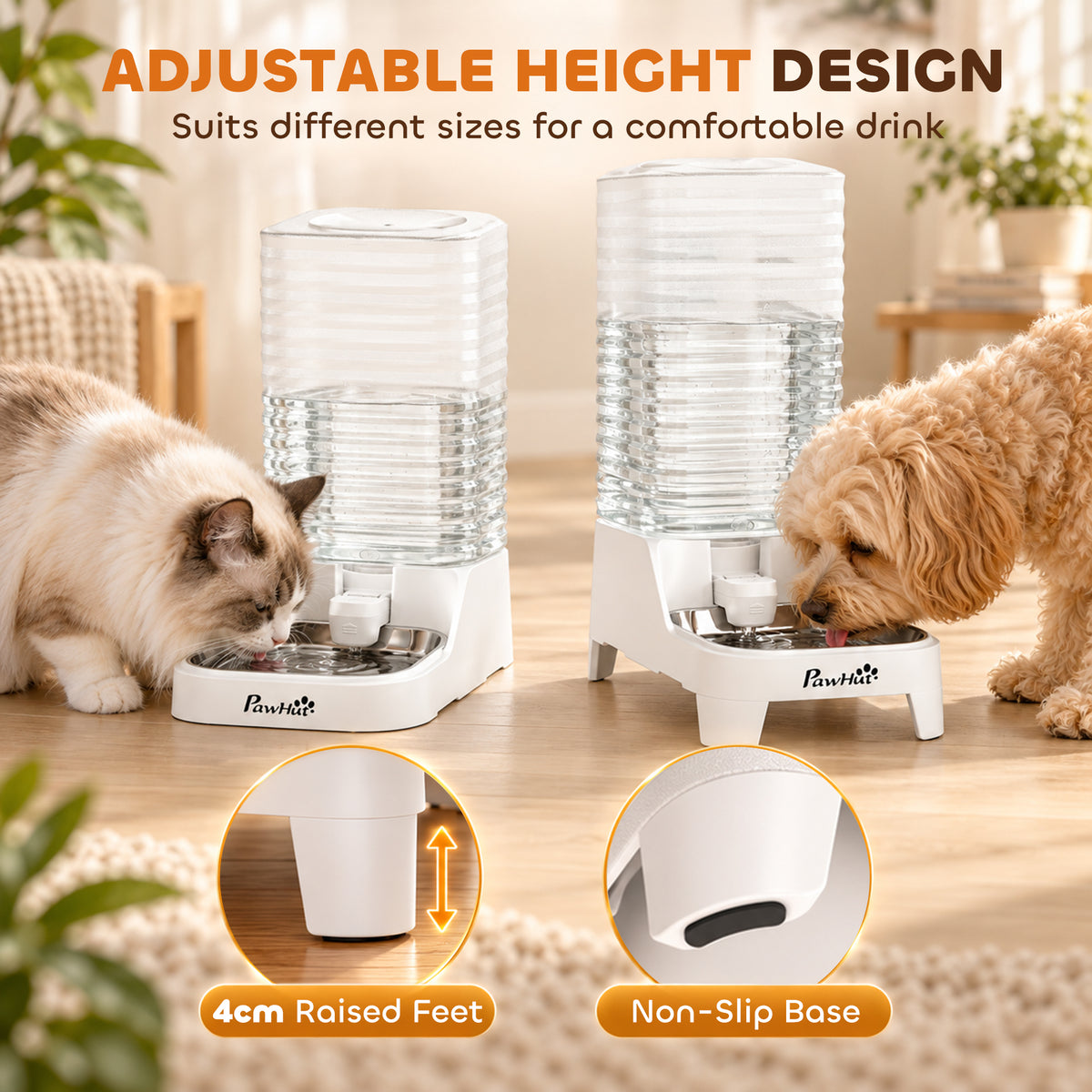 8L Gravity-Fed Pet Water Dispenser with Stainless Steel Bowl - White