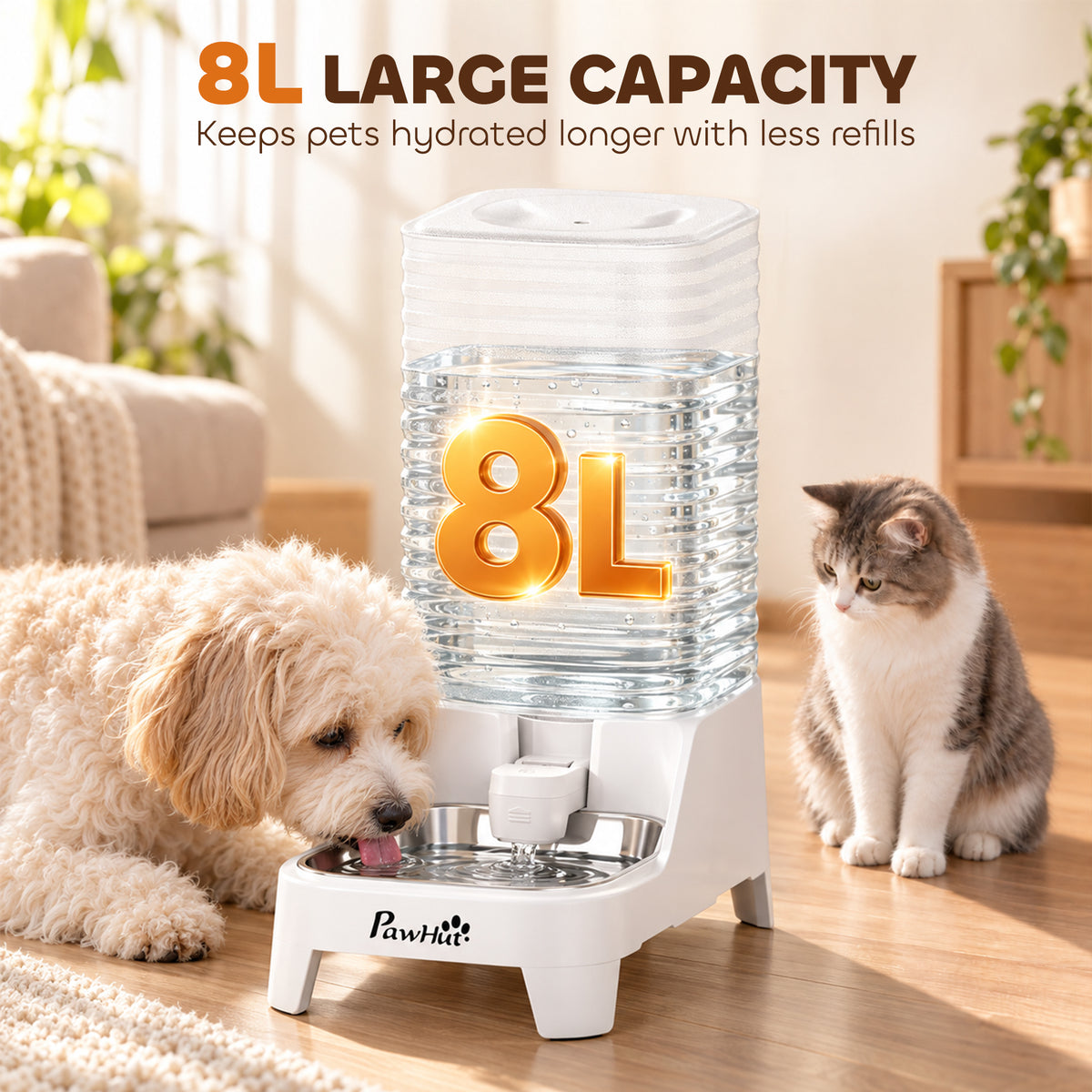 8L Gravity-Fed Pet Water Dispenser with Stainless Steel Bowl - White