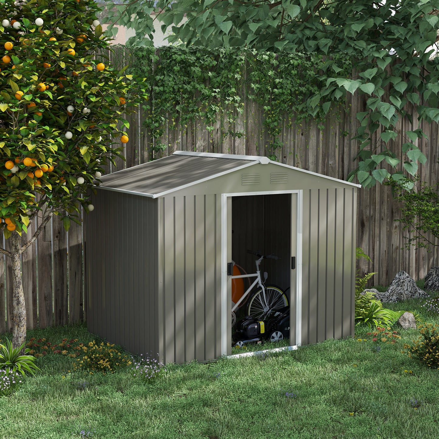 8 x 6ft Outdoor Garden Storage Shed Metal Tool House with Ventilation and Sliding Doors Light Grey
