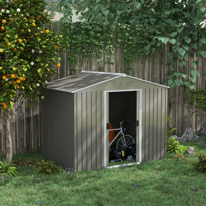 8 x 6ft Outdoor Garden Storage Shed Metal Tool House with Ventilation and Sliding Doors Light Grey