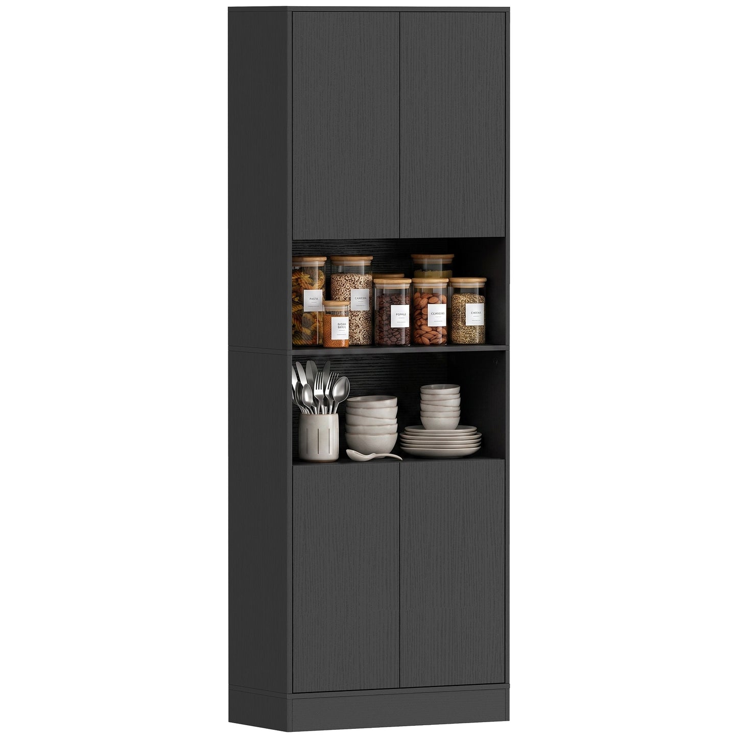 170cm Kitchen Pantry Cabinet with Soft-Close Hinges, Black Wood Effect