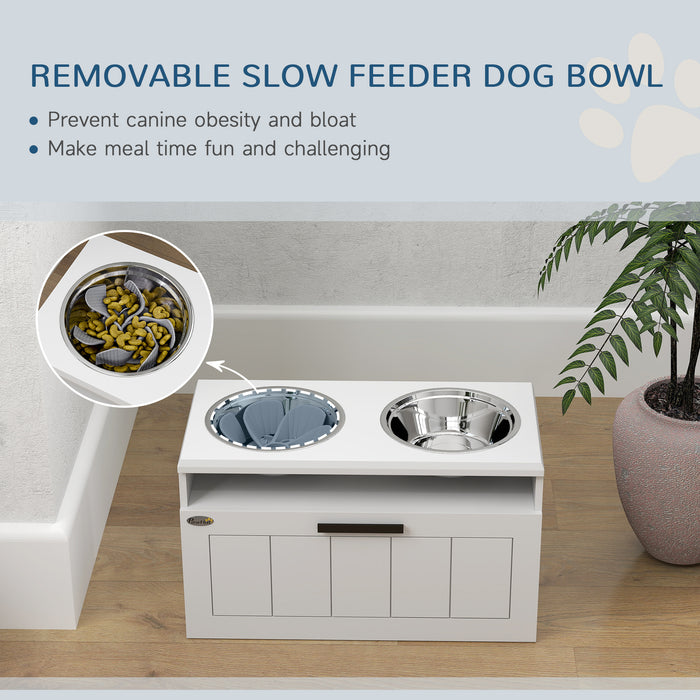 Raised Dog Bowl, Elevated Dog Bowls with Slow Feeder Dog Bowl & 2 Stainless Steel Bowls, 25L Storage Drawer, Dog Feeding Station for Large & Extra Large Dogs, White