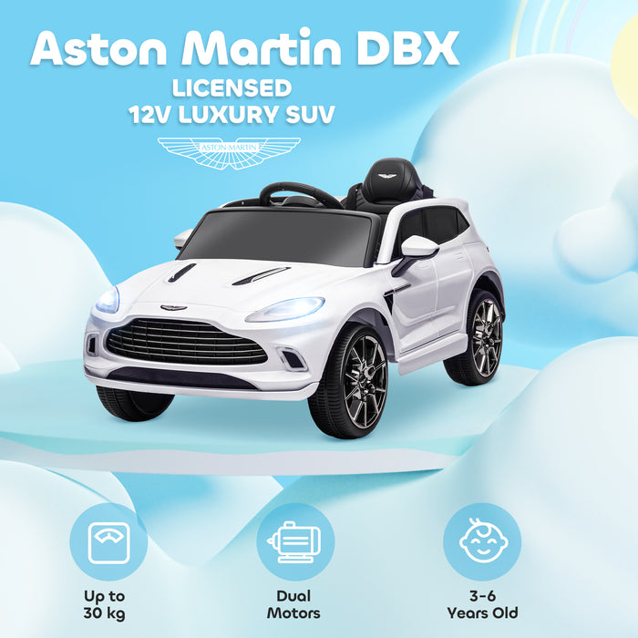 Aston Martin DBX Licensed 12V Kids Ride on Car, Battery Powered Kids Electric Car with Remote Control, 4 Suspension Wheels, LED Lights Music Horn, Slow Start, for Ages 3-6, White