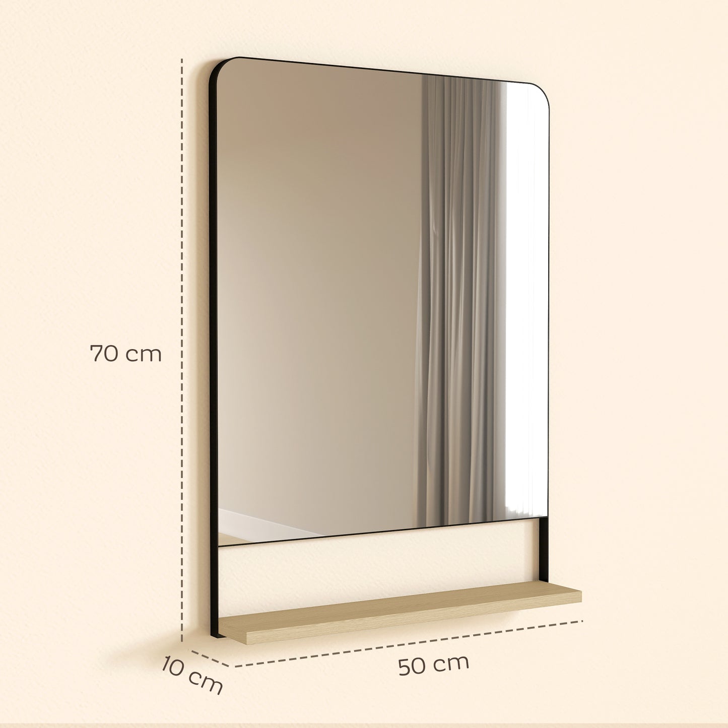 Decorative Mirror with Wood Shelf, Industrial Wall Mirror, Black