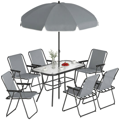 8 Piece Garden Dining Set with 6 Folding Chairs and Umbrella, Grey