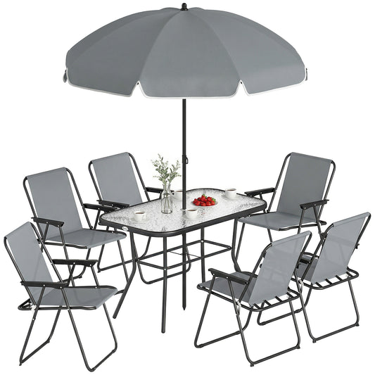 8 Piece Garden Dining Set with 6 Folding Chairs and Umbrella, Grey