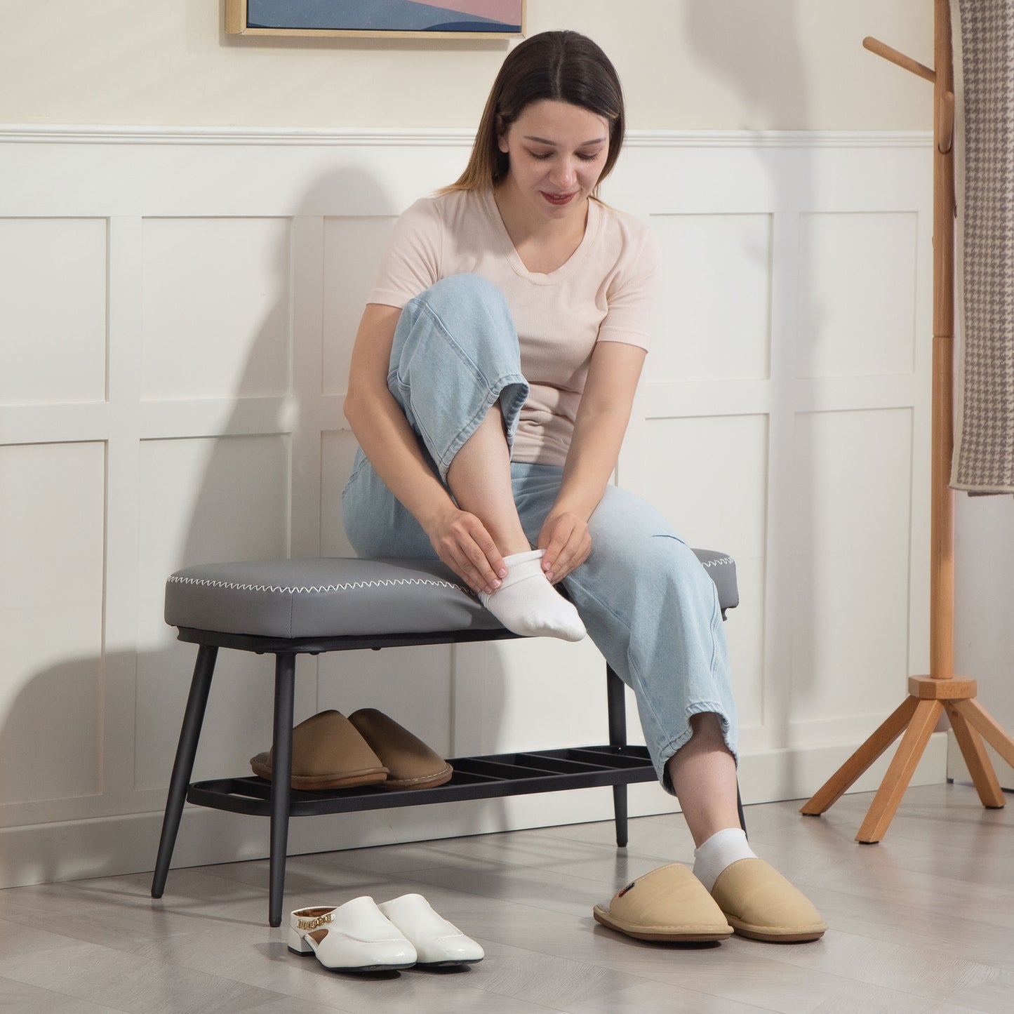 Shoe Bench, PU Leather Shoe Storage Bench for Entryway, Grey