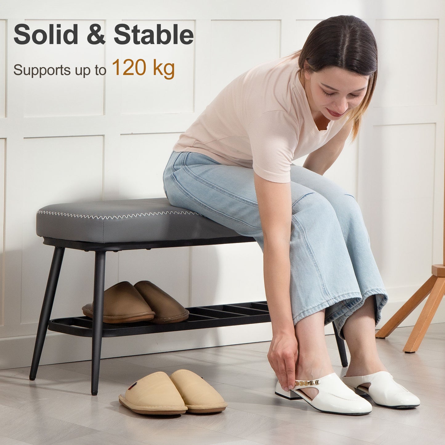 Shoe Bench, PU Leather Shoe Storage Bench for Entryway, Grey