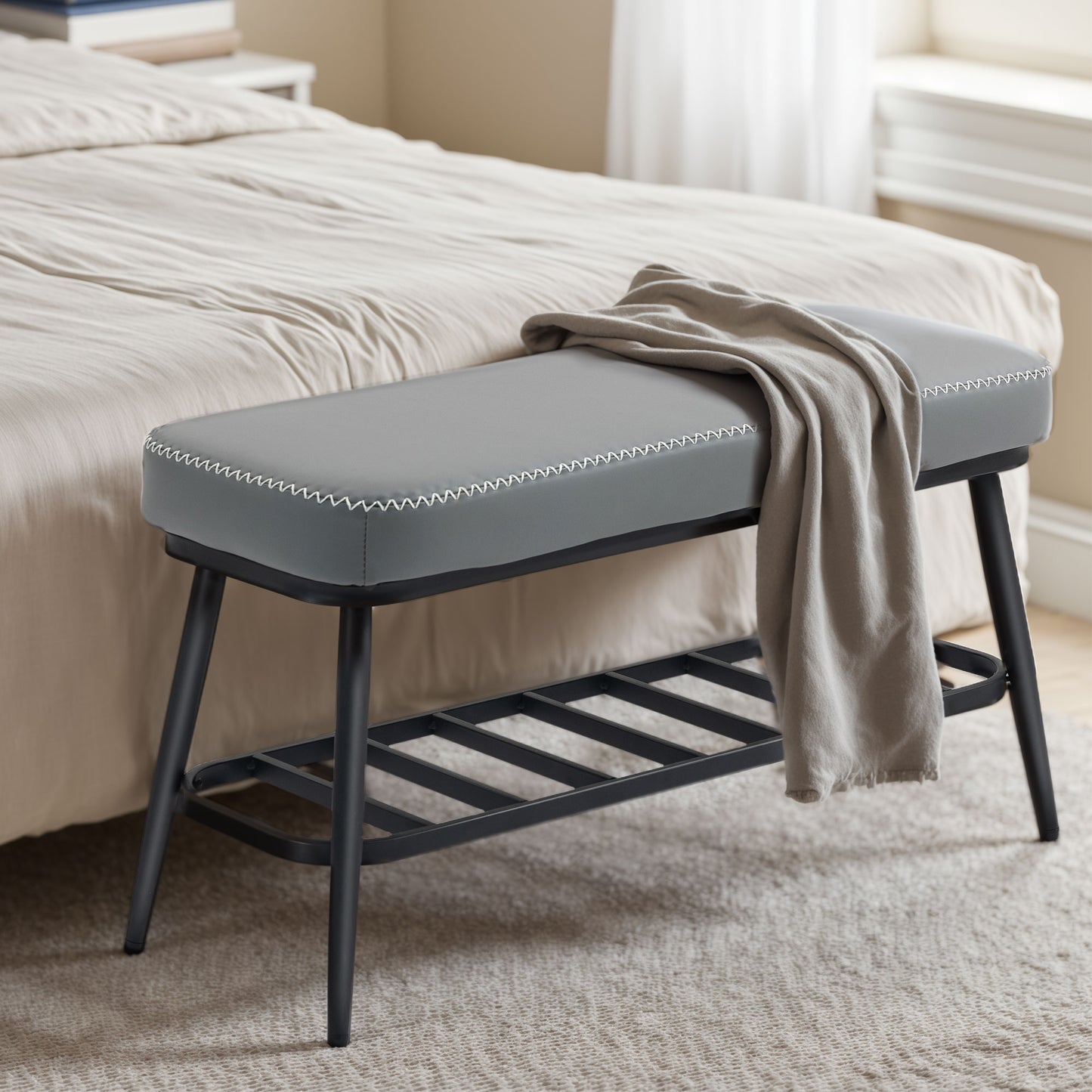 Shoe Bench, PU Leather Shoe Storage Bench for Entryway, Grey