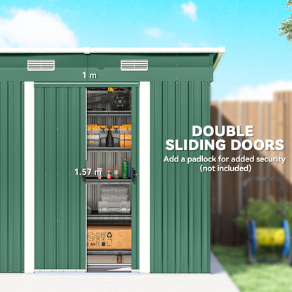 7 x 4ft Outdoor Storage Shed with Foundation Kit, Lean to Metal Garden Shed for Log, Rubbish Bin, Tool, Lawnmower, Bike, Patio Use, Green