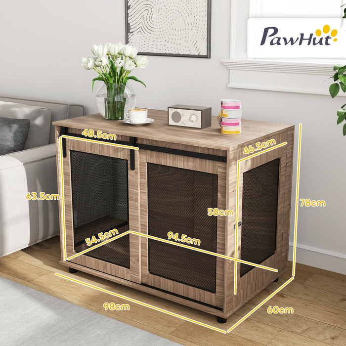 Dog Crate Furniture, Dog Cage End Table with Sliding Barn Door, Dog Pet Kennel for Large Dogs, 98 x 60 x 78cm, Walnut Brown