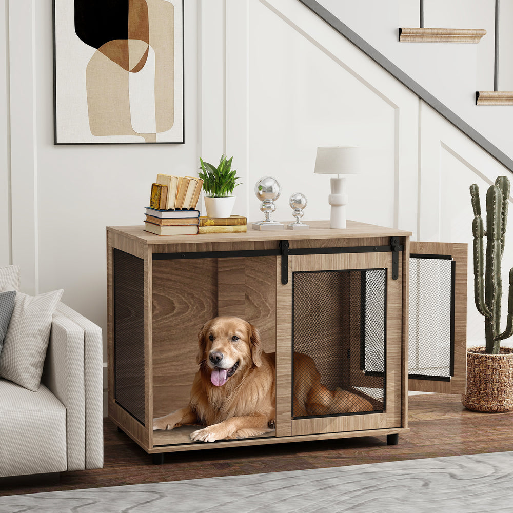 Dog Crate Furniture, Dog Cage End Table with Sliding Barn Door, Dog Pet Kennel for Large Dogs, 98 x 60 x 78cm, Walnut Brown