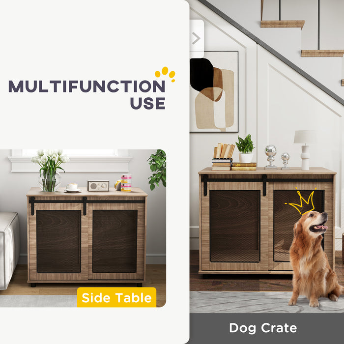 Dog Crate Furniture, Dog Cage End Table with Sliding Barn Door, Dog Pet Kennel for Large Dogs, 98 x 60 x 78cm, Walnut Brown