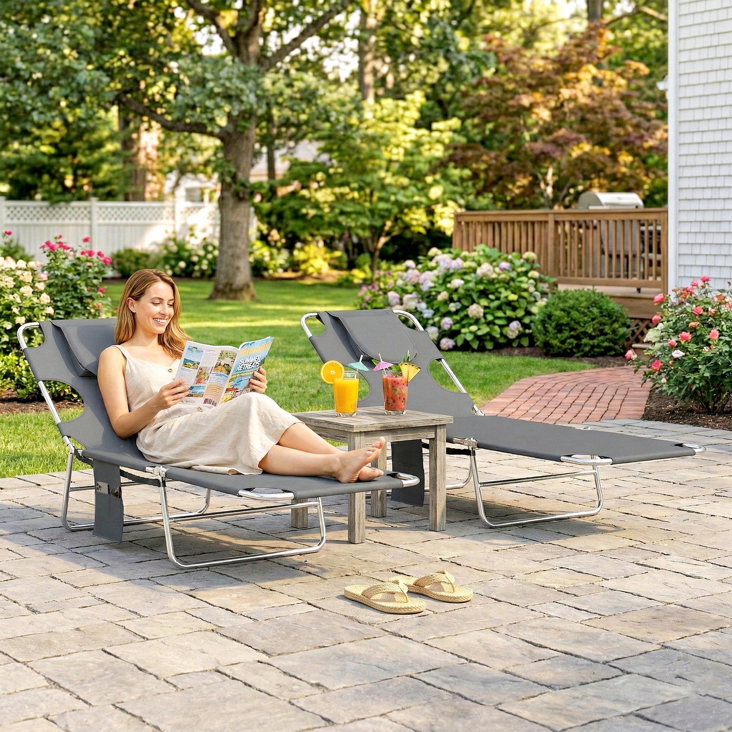2 Sun Loungers with Reading Hole, Folding Garden Lounger, Dark Grey
