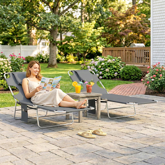 2 Sun Loungers with Reading Hole, Folding Garden Lounger, Dark Grey