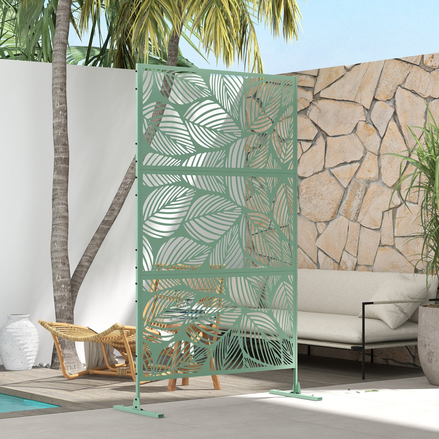 6.5FT Metal Outdoor Privacy Screen Panel w/ Stand, Leaf Style - Green