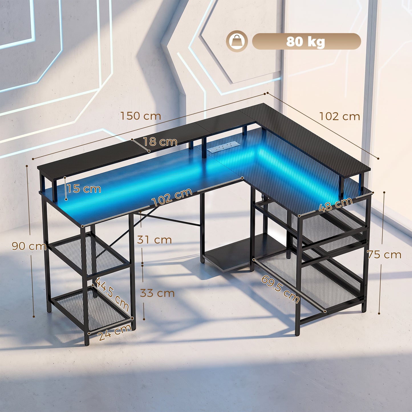 L Shaped Gaming Desk w/ LED Lights and Power Outlets, Black