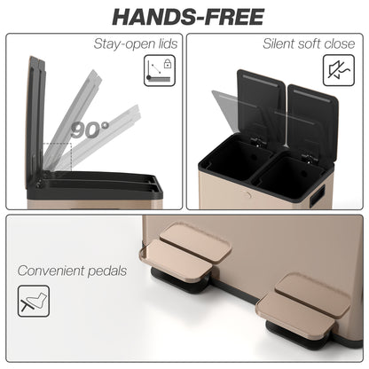 2 x 28L Dual Kitchen Bin Pedal Bin for Recycling and Waste, Gold Tone