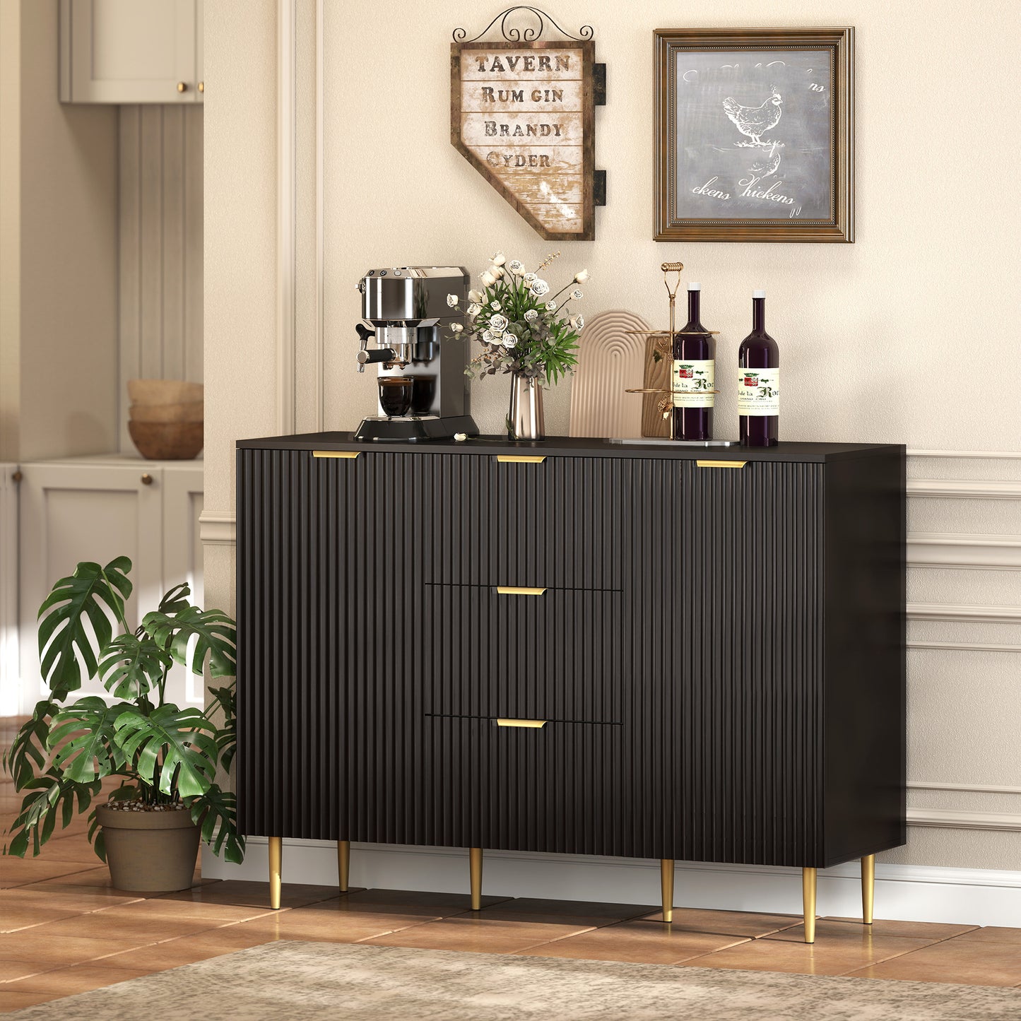 Sideboard Buffet Cabinet w/ 3 Drawers and Adjustable Shelves, Black