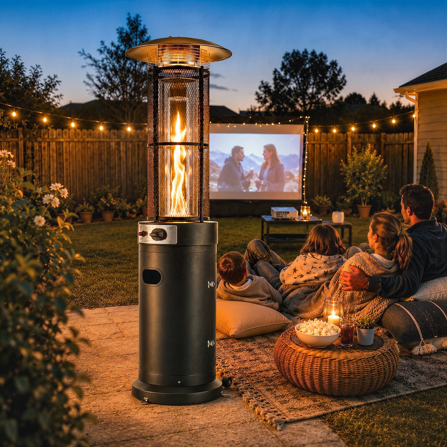 11 KW Freestanding Gas Patio Heater, Adjustable Outdoor Garden Propane Heater with Tip-Over Switch, Wheels, Pulse Ignition, Tank Room with Openable Door, Black