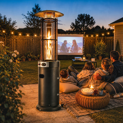 11 KW Freestanding Gas Patio Heater, Adjustable Outdoor Garden Propane Heater with Tip-Over Switch, Wheels, Pulse Ignition, Tank Room with Openable Door, Black