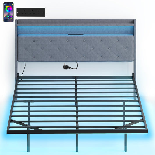Floating Bed Frame with RGB Lights, Upholstered King Size Bed, Grey