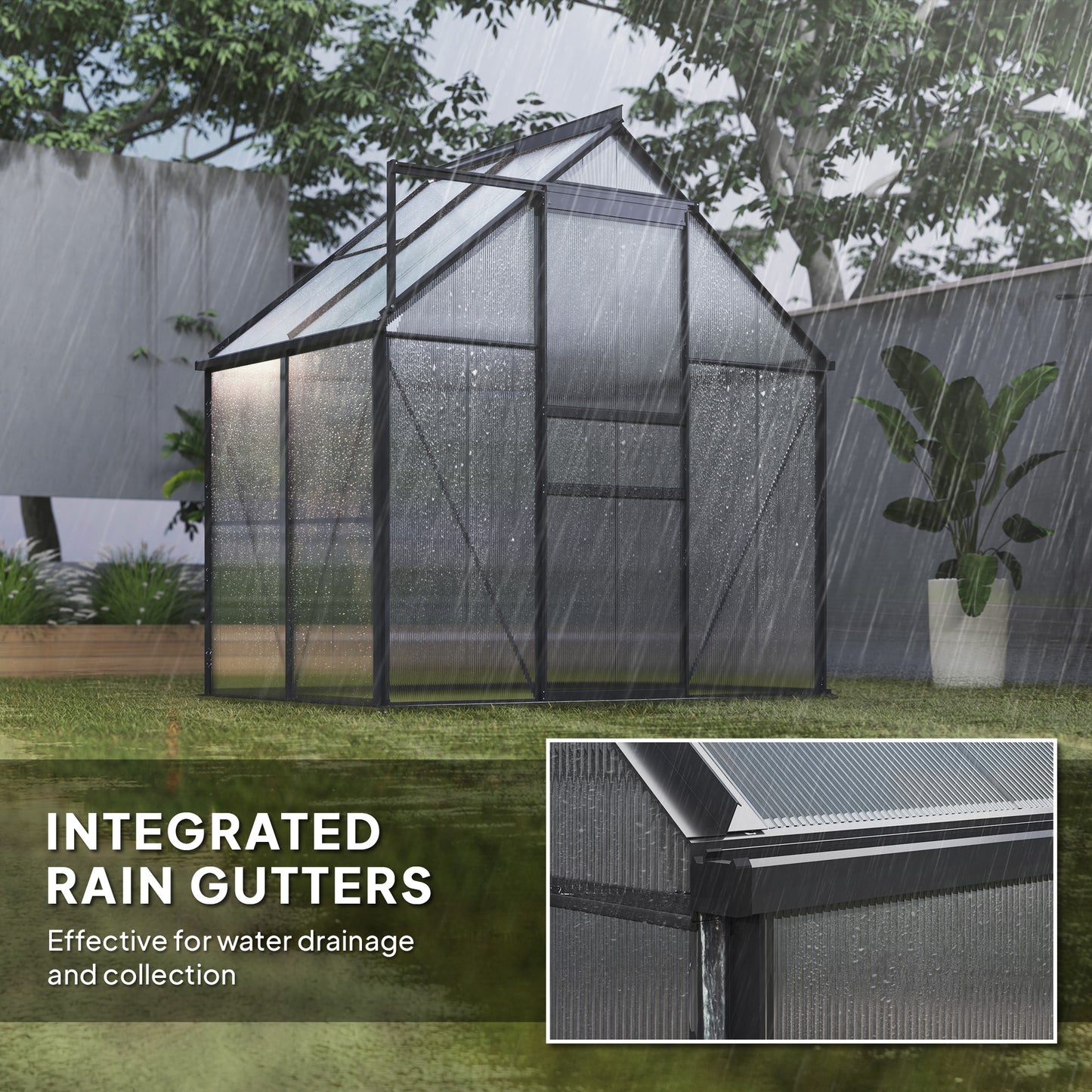 6 x 4ft Polycarbonate Greenhouse, Large Walk-In Greenhouse with Adjustable Roof Vent, Garden Green House with Galvanised Base, Sliding Door and Rain Gutter, Grey