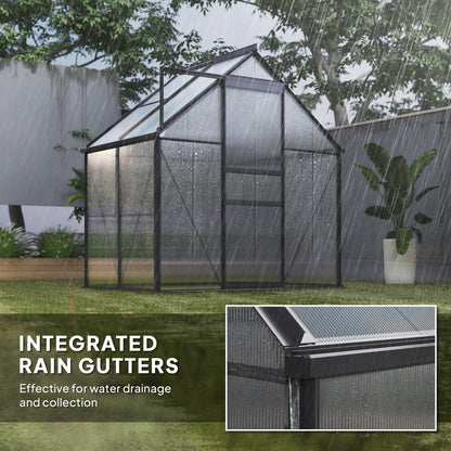 6 x 4ft Polycarbonate Greenhouse, Large Walk-In Greenhouse with Adjustable Roof Vent, Garden Green House with Galvanised Base, Sliding Door and Rain Gutter, Grey