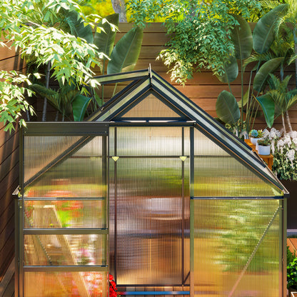 6 x 4ft Polycarbonate Greenhouse, Large Walk-In Greenhouse with Adjustable Roof Vent, Garden Green House with Galvanised Base, Sliding Door and Rain Gutter, Grey