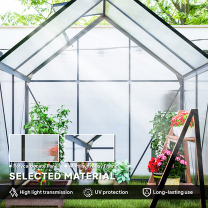 6 x 4ft Polycarbonate Greenhouse, Large Walk-In Greenhouse with Adjustable Roof Vent, Garden Green House with Galvanised Base, Sliding Door and Rain Gutter, Grey
