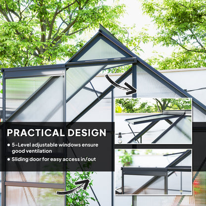 6 x 4ft Polycarbonate Greenhouse, Large Walk-In Greenhouse with Adjustable Roof Vent, Garden Green House with Galvanised Base, Sliding Door and Rain Gutter, Grey