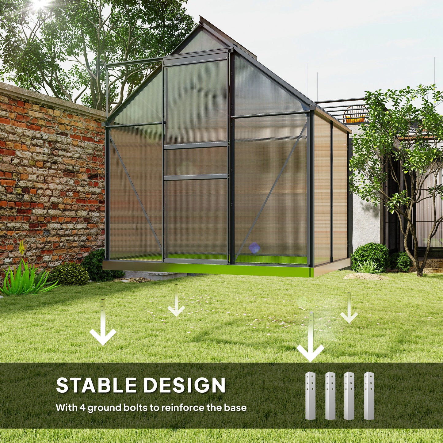 6 x 4ft Polycarbonate Greenhouse, Large Walk-In Greenhouse with Adjustable Roof Vent, Garden Green House with Galvanised Base, Sliding Door and Rain Gutter, Grey