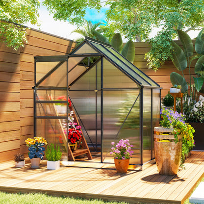 6 x 4ft Polycarbonate Greenhouse, Large Walk-In Greenhouse with Adjustable Roof Vent, Garden Green House with Galvanised Base, Sliding Door and Rain Gutter, Grey