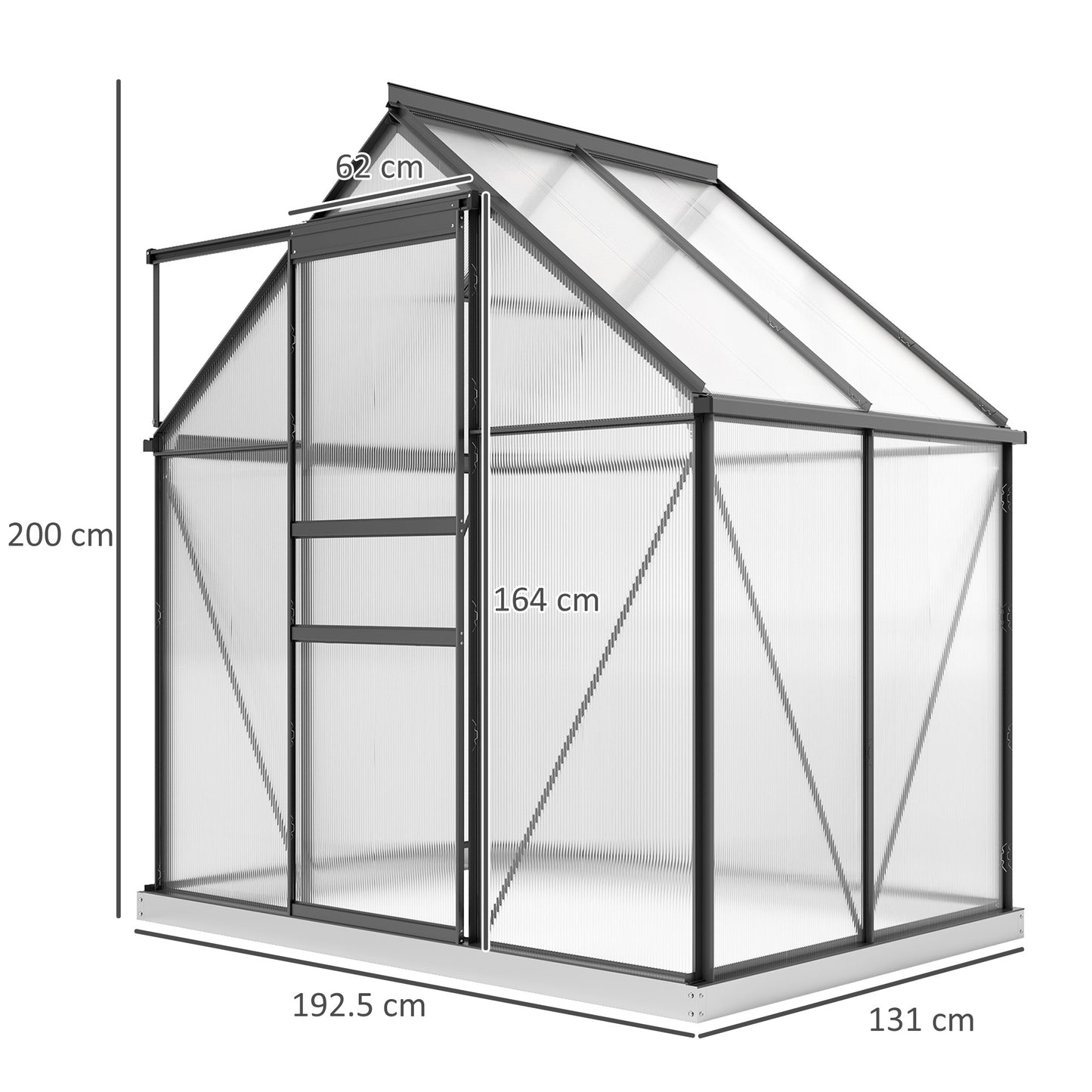 6 x 4ft Polycarbonate Greenhouse, Large Walk-In Greenhouse with Adjustable Roof Vent, Garden Green House with Galvanised Base, Sliding Door and Rain Gutter, Grey