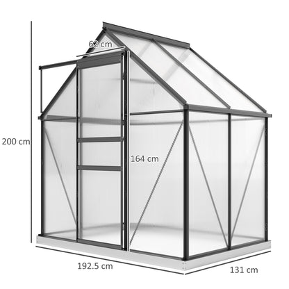 6 x 4ft Polycarbonate Greenhouse, Large Walk-In Greenhouse with Adjustable Roof Vent, Garden Green House with Galvanised Base, Sliding Door and Rain Gutter, Grey