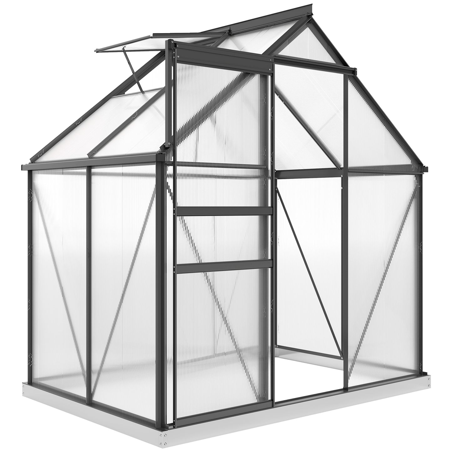 6 x 4ft Polycarbonate Greenhouse, Large Walk-In Greenhouse with Adjustable Roof Vent, Garden Green House with Galvanised Base, Sliding Door and Rain Gutter, Grey