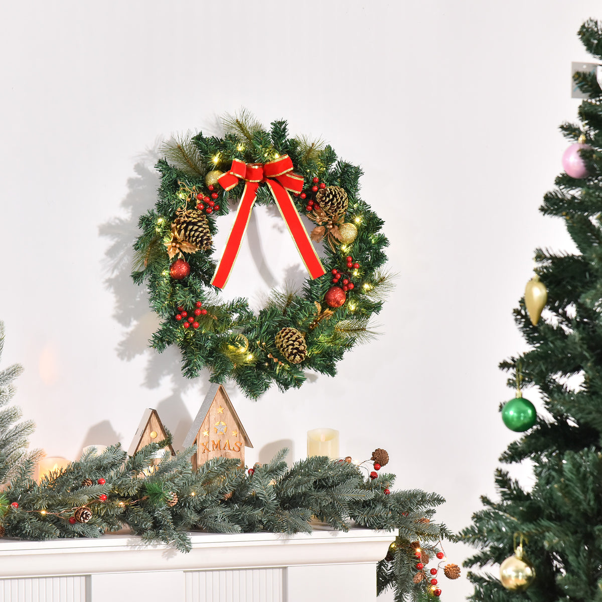 Pre-Lit Artificial Christmas Door Wreath Holly Garland Decor 20 LED