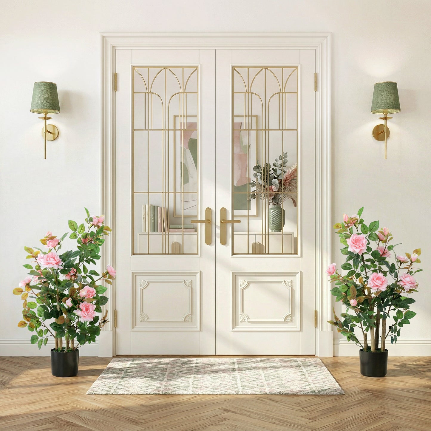 Artificial Rose Tree Set of 2 with 344 Silk Leaves & 17 Flowers, Pink