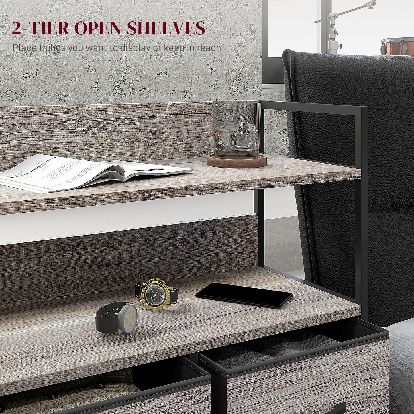 Bedroom Chest of Drawers 5 Drawer Dresser w/ Shelves, Grey Wood Effect