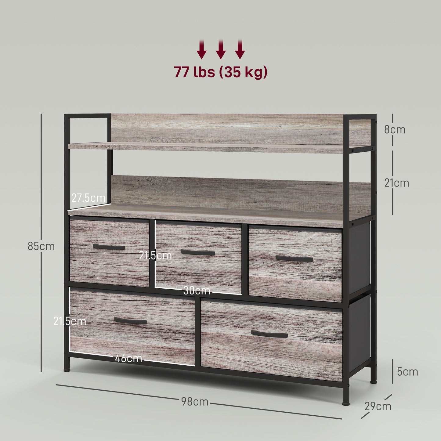 Bedroom Chest of Drawers 5 Drawer Dresser w/ Shelves, Grey Wood Effect