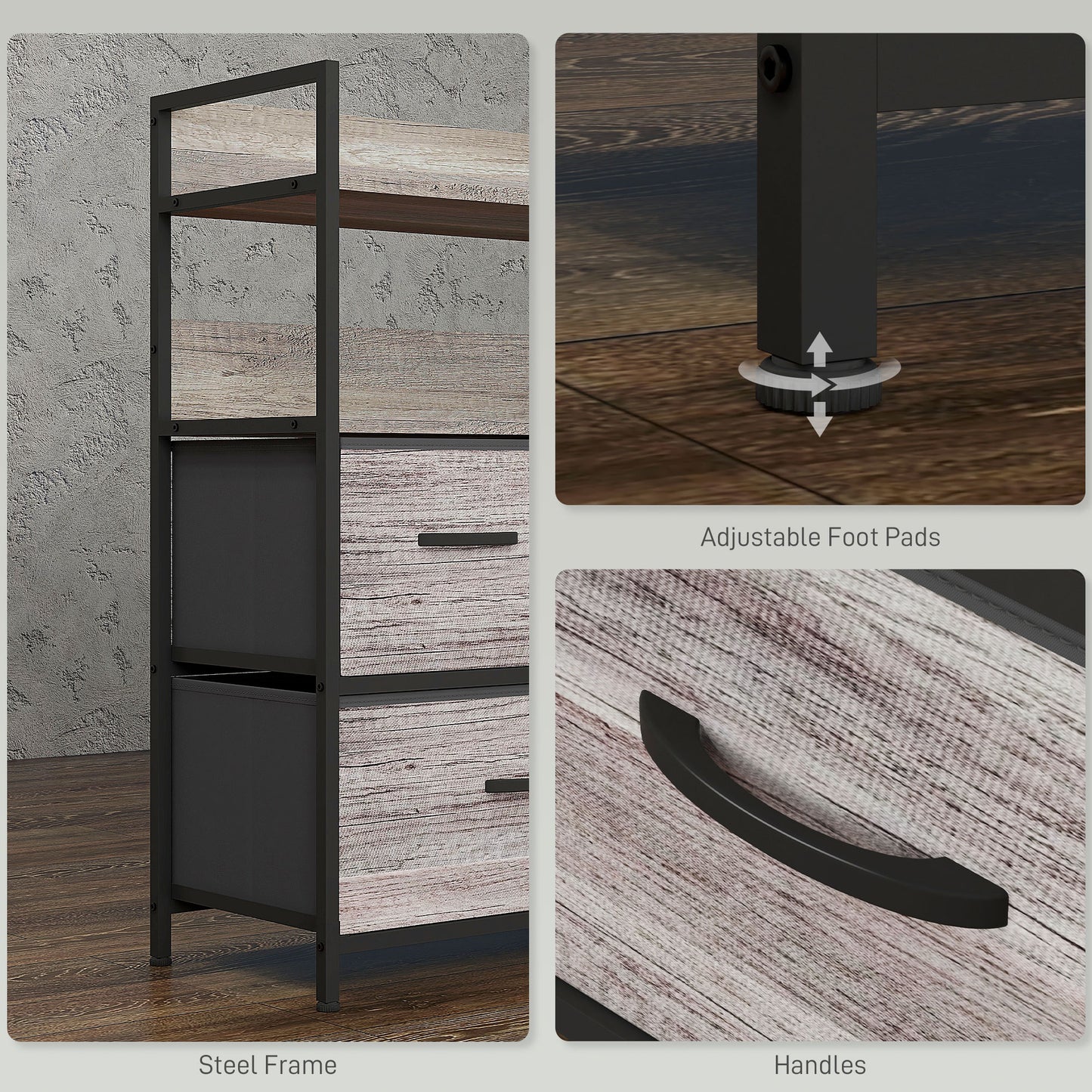 Bedroom Chest of Drawers 5 Drawer Dresser w/ Shelves, Grey Wood Effect