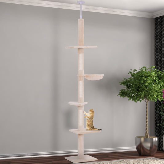 Floor to Ceiling Cat Tree for Indoor Cats 5-Tier Kitty Tower Climbing Activity Center Scratching Post Adjustable Height 230-260 cm Beige