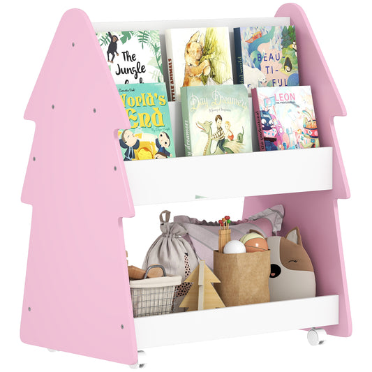 Double-Sided Children's Bookcase with Wheels for Playroom, Pink